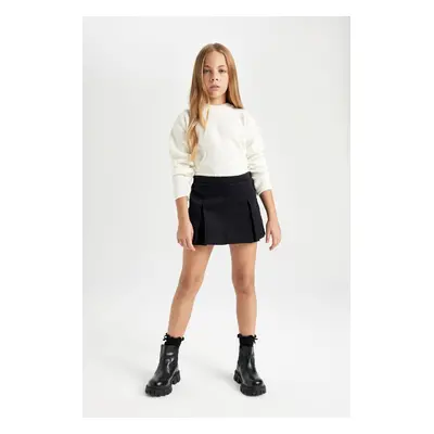 DEFACTO Girl Basic Plain Gabardine Pleated Black Shorts Skirt