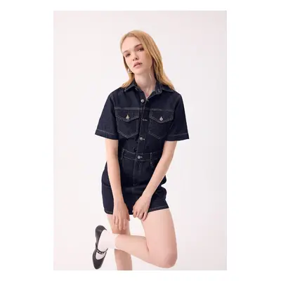 DEFACTO Fashion Fit Shirt Collar Pocket Short Sleeve Midi Jean Dress