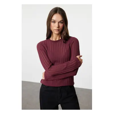 Trendyol Claret Red Transparent Knitwear Look Fabric Regular Length Crew Neck Knitted Blouse