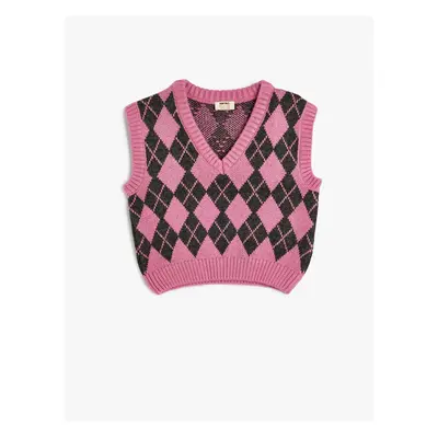 Koton Sweater Diamond Pattern V Neck Soft Textured