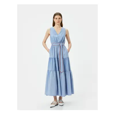 Koton Long Dress Straps V-Neck Flounce Belted