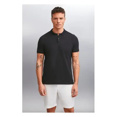 GRIMELANGE Foret Men's 100% Cotton Short Sleeve Regular Fit Black Polo Neck T-shirt