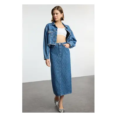 Trendyol Blue Heart Jacquard Denim Midi Skirt