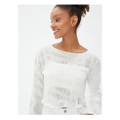 Koton Crop Knitwear T-Shirt Long Sleeve Openwork Crew Neck