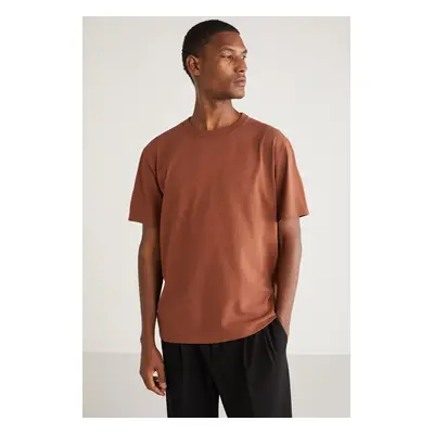 GRIMELANGE Astons Men's Relaxed 100% Organic Cotton Thick Single Jersey Woven Dark Brown T-Shir