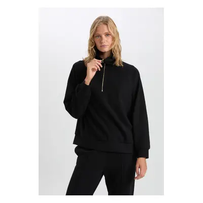 DEFACTO Regular Fit Half Zipper Stand Collar Basic Plain Sweatshirt