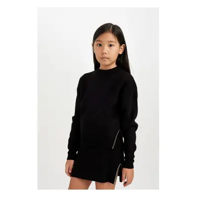 DEFACTO Girl Black Crew Neck Slit Knitwear Sweater