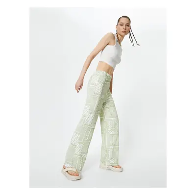 Koton Ethnic Patterned Wide Leg Trousers Comfortable Fit High Waist