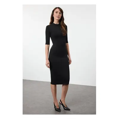 Trendyol Black Stand Collar Bodycone/Fits the Body Three Quarter Sleeve Midi Knit Dress