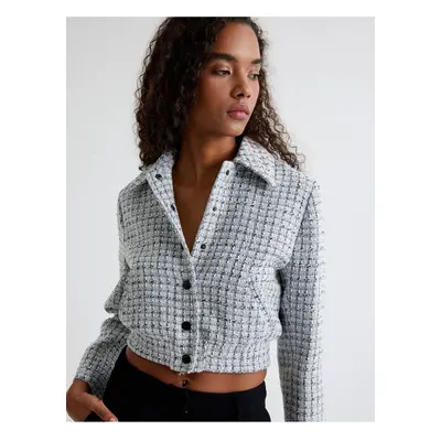 Koton Tweed Bomber Jacket with Pockets and Buttoned Shirt Collar