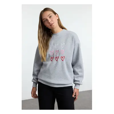 Trendyol Grey Melange Heart Embroidered Oversize/Wide Pattern Thick Inside Polar Fleece Knitted 