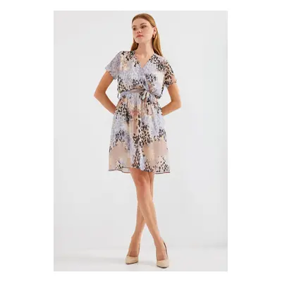 Bigdart Short Sleeve Patterned Chiffon Dress - Gray