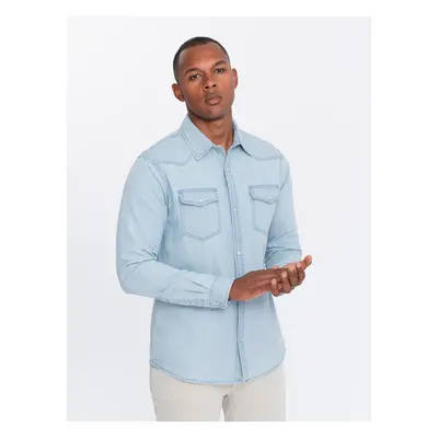 Ombre Men&#039;s denim snap shirt with pockets - light blue