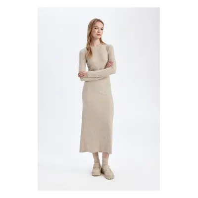 DEFACTO Bodycon Body-hugging Crew Neck Basic Plain Camisole Long Sleeve Maxi Dress