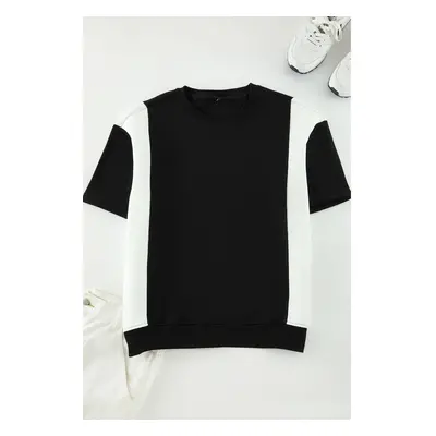 Trendyol Black-Ecru Oversize/Wide Cut Color Block Thick T-shirt with Inside Raised Hem