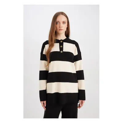 DEFACTO Regular Fit Polo Collar Buttoned Striped Sweater Tunic