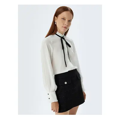 Koton Frilled Stand Collar Shirt with Bow Tie Detail Crepe Fabric