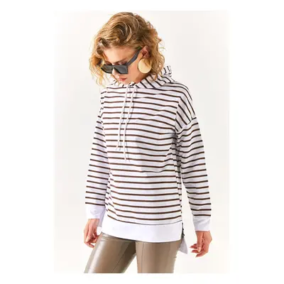 Olalook Women's Bitter Brown White Hooded Striped Sweatshirt with Side Slits