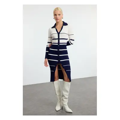 Trendyol Navy Blue Midi Knit Color Block Striped Dress