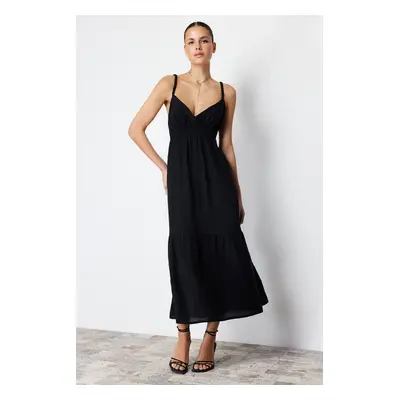 Trendyol Black Waist Opening Strap Midi Woven Dress