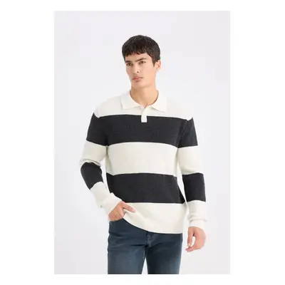 DEFACTO Standard Fit Polo Collar Striped Knit Sweater