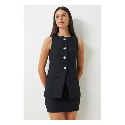 Happiness İstanbul Women's Black Sleeveless Vest Mini Skirt Woven Suit