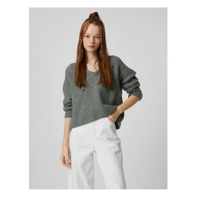 Koton V-Neck Sweater Long Sleeve Openwork Knitted