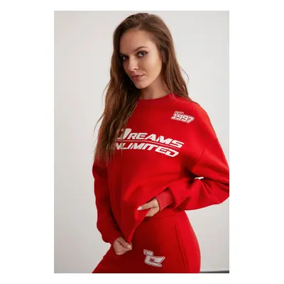 GRIMELANGE Darcy Women's Crew Neck Long Sleeve Elastic Waist Printed Red Tracksuit Set