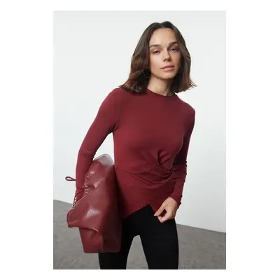 Trendyol Burgundy Double Breasted Gathered/Drape Detailed Slim/Fits Body Knitted Blouse