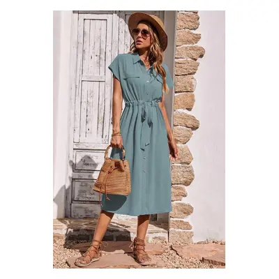 Madmext Baby Blue Shirt Collar Long Dress