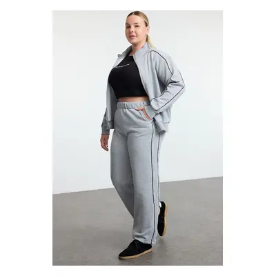 Trendyol Curve Gray Knitted Piping Detailed Stand Collar Plus Size Tracksuit