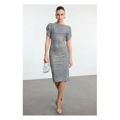 Trendyol Silver Body-Styling Glitter Knitted Sequin Elegant Evening Dress