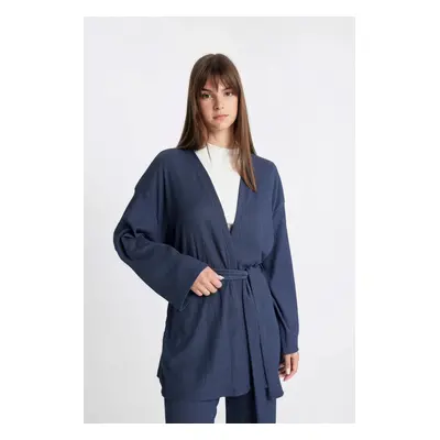 DEFACTO Relax Fit Shawl Collar Belted Crepe Kimono