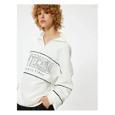 Koton Oversize Sweatshirt Half Zipper College Printed Raised