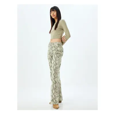 Koton Snakeskin Patterned Trousers Straight Leg Buttoned Pocket Cotton