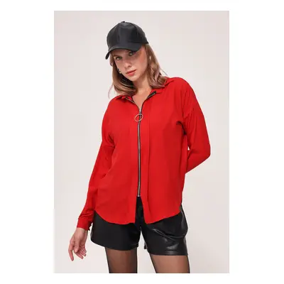 armonika Women's Red Front Zipper Loose Shirt