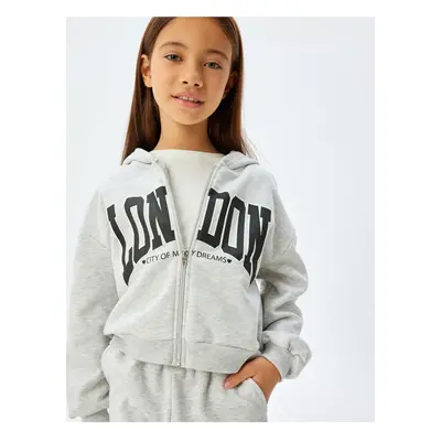 Koton Zippered Crop Sweatshirt Hooded Printed Detailed Raised