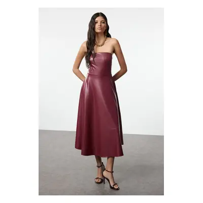 Trendyol Dark Cherry A-Line Faux Leather Strapless Knitted Chic Evening Dress