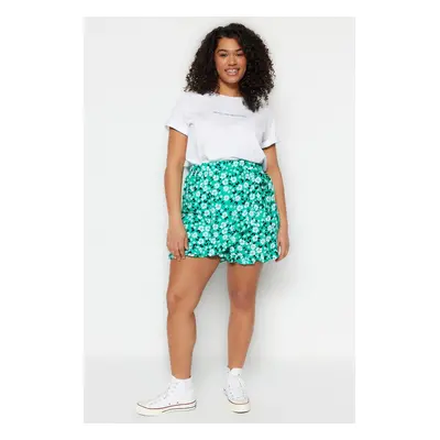 Trendyol Curve Green Floral Pattern Woven Tie Short Skirt