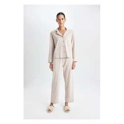 DEFACTO Fall In Love Pajama Set Basic Plain Long Sleeve Top Elastic Waist Long Bottom