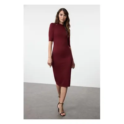 Trendyol Burgundy Stand Collar Bodycone/Fits the Body Three Quarter Sleeve Midi Knitted Dress