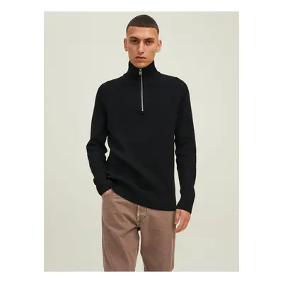 Černý pánský žebrovaný svetr na zip Jack & Jones Perfect - Pánské