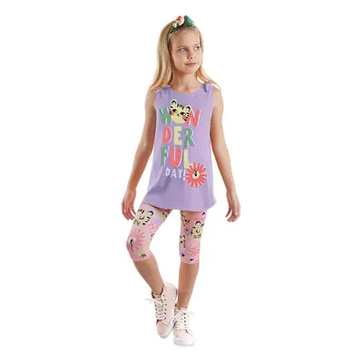 Denokids Cat Floral Sleeveless Girls Summer Tunic T-shirt Tights Set