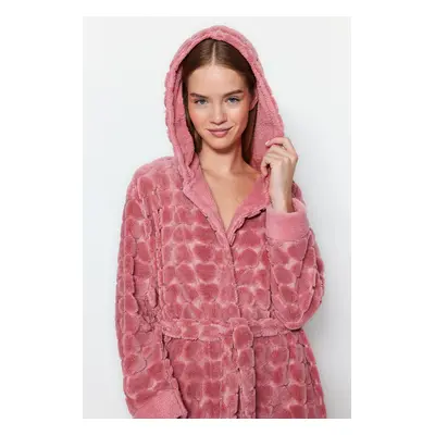 Trendyol Pink Belted Heart Patterned Fleece Winter Knitted Dressing Gown