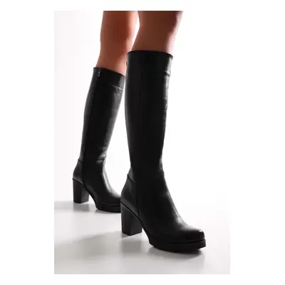 Shoeberry Women's Erna Black Genuine Leather Heeled Boots Black Genuine Leather