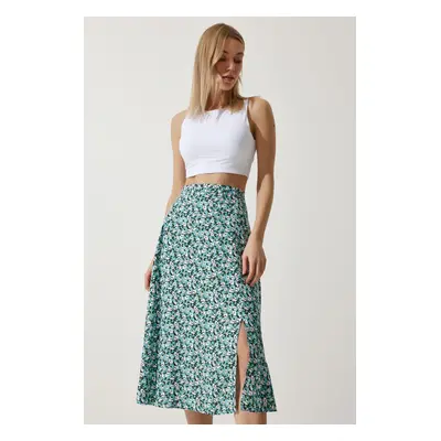 Happiness İstanbul Women's Water Green White Floral Slit Summer Viscose Skirt