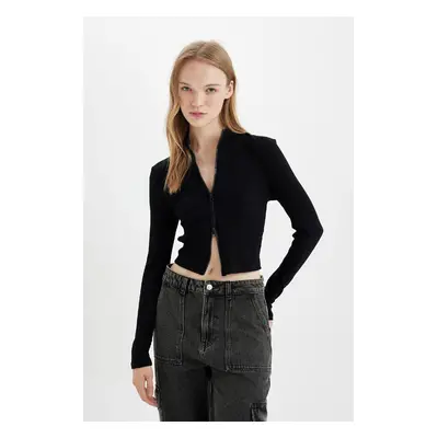 DEFACTO Fitted Stand Collar Basic Plain Zippered Ribbed Camisole Crop Black Cardigan