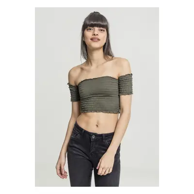 Ladies Cropped Cold Shoulder Smoke Top olivový