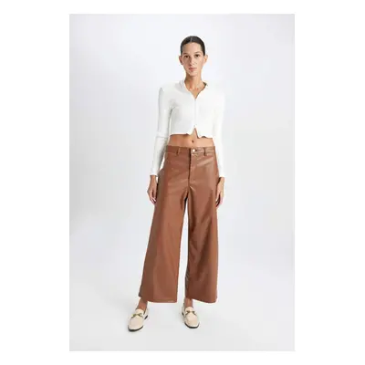 DEFACTO Culotte Crop Faux Leather Pants High Waist Wide Leg