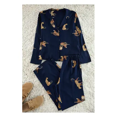 Trendyol Navy Blue Tiger Patterned Viscose Woven Pajama Set